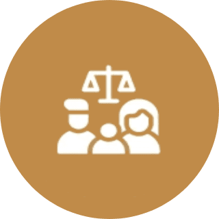 White family icon with justice scale on brown background.
