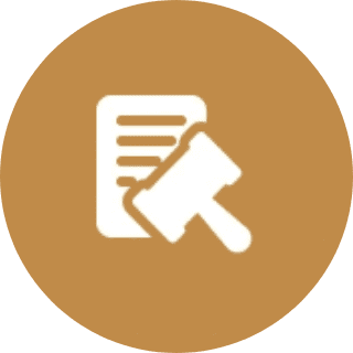 Icon of a gavel over a document on a brown background.