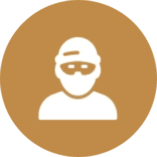 White icon of a masked person on a brown background.
