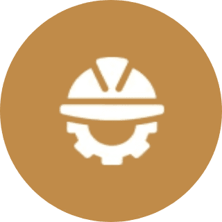 White construction helmet over a gear icon on brown background.
