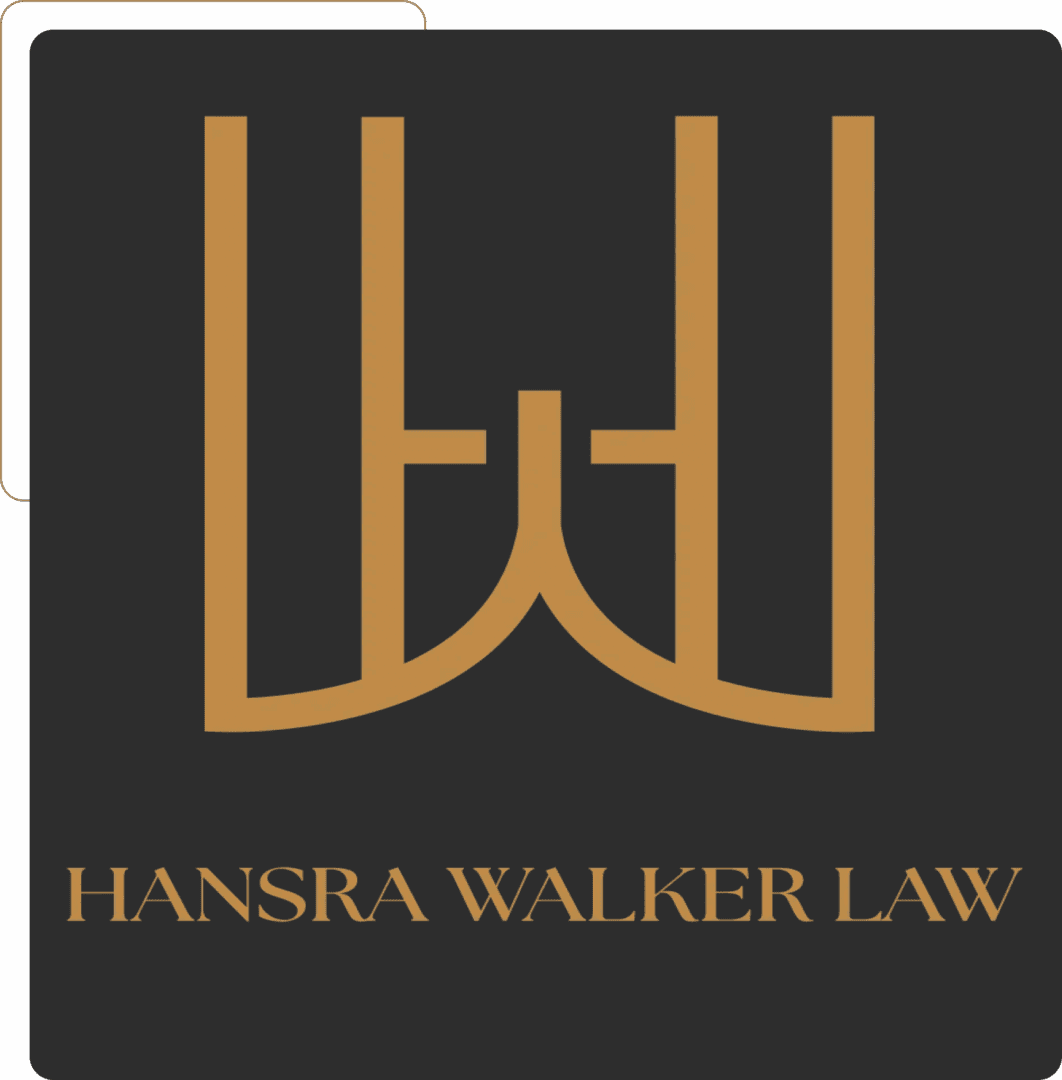Logo for Hansra Walker Law with stylized initials and gold text.